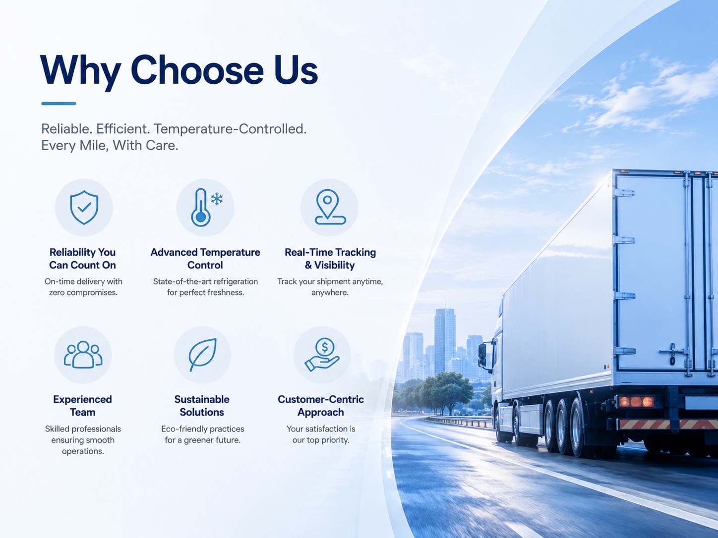 Why Choose Navicon: reliable, efficient, temperature-controlled transport with real-time tracking, an experienced team, and sustainable, customer-centric solutions.